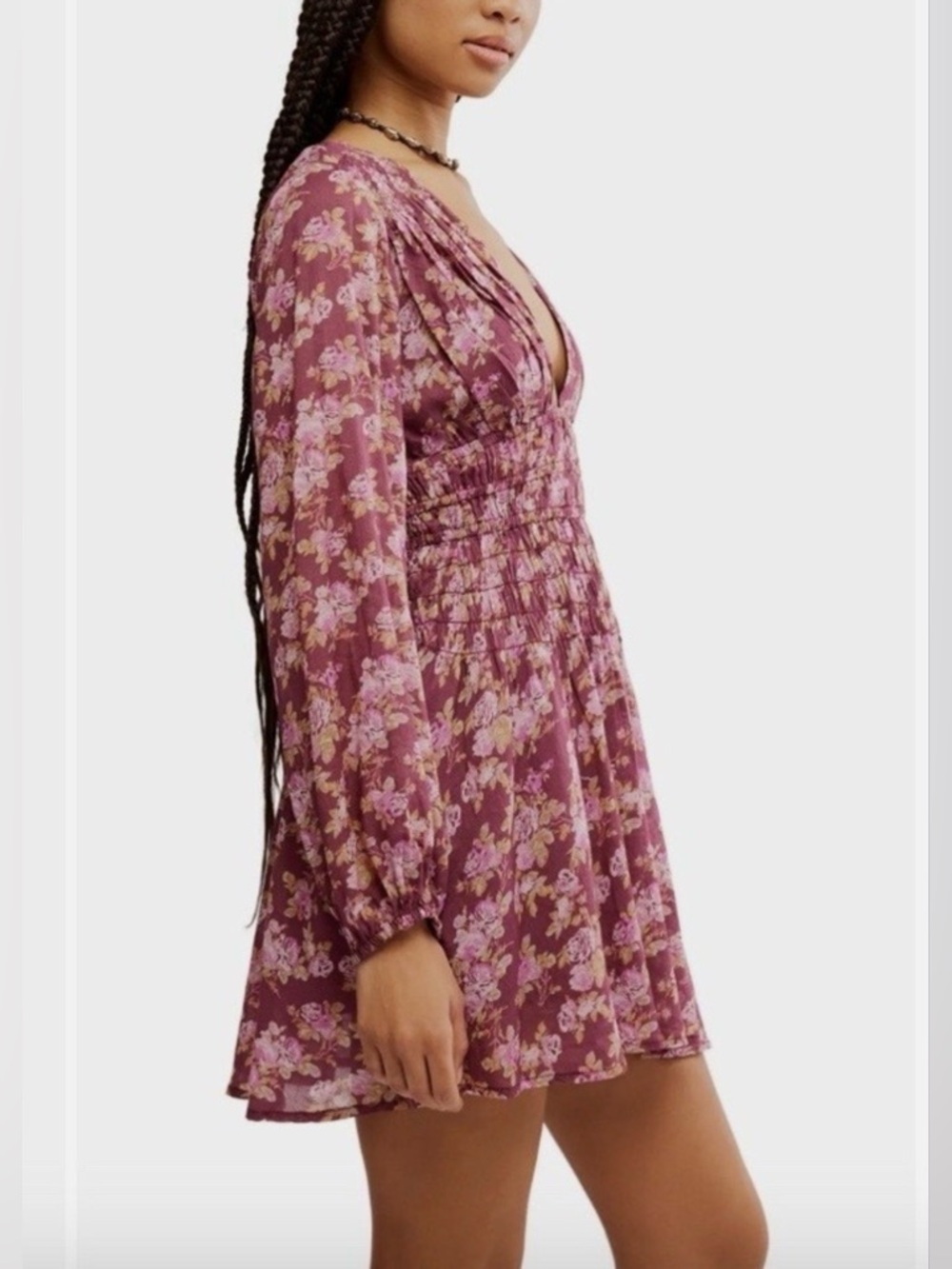 Free People Keep You Mini Dress Floral Smocked V-Neck EUC Size Small - Picture 3 of 9